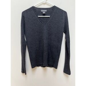 BR Women's Sweater L Grey Fine Italian Merino Wool V-Neck Ribbed One Flaw